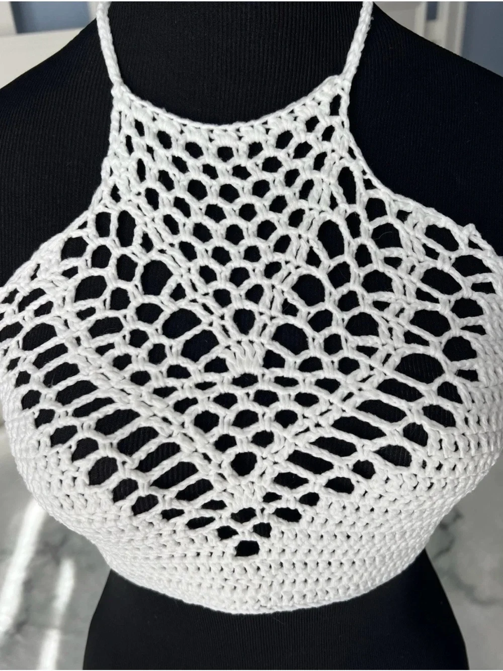 White Crochet Halter Crop Top cotton